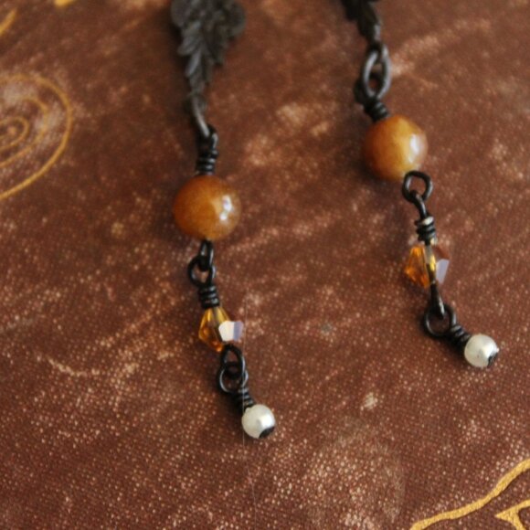 Handmade Women's Earrings, Black Metal with Brown Beads and a Faux Pearl Dangles - Picture 4 of 10